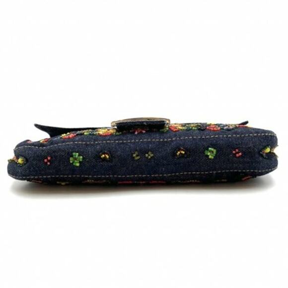 Authentic FENDI FF Denim Ricami Beaded Baguette Floral Blue Abstract Flap Purse - Picture 7 of 14